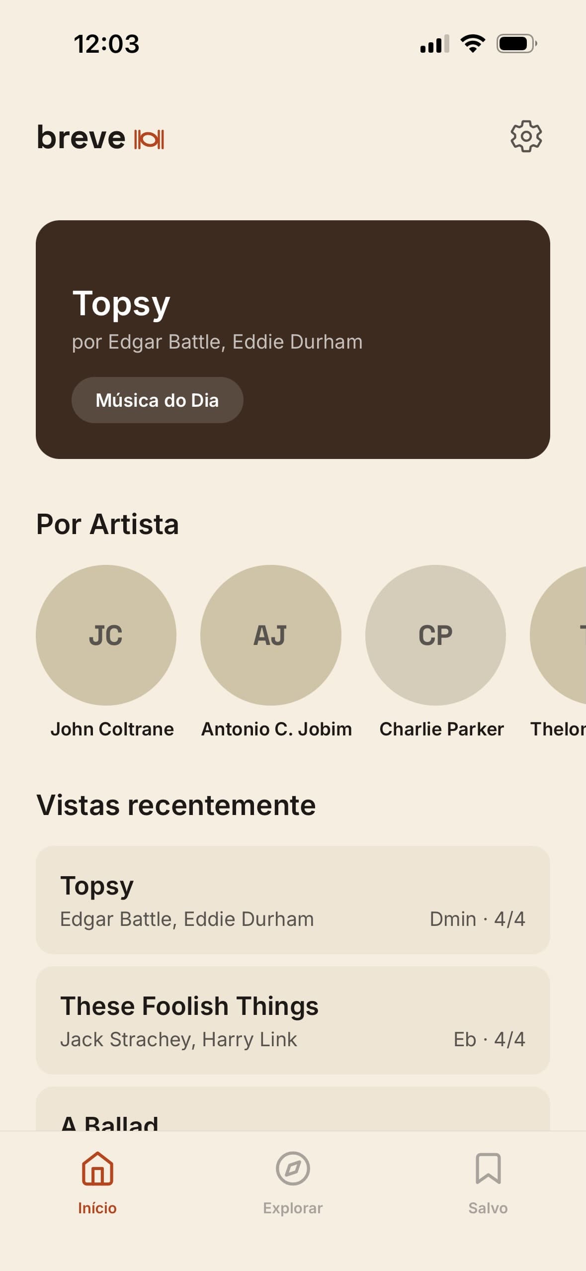App Breve mostrando la partitura de un standard de jazz con análisis armónico
